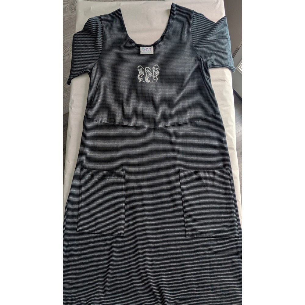 Vintage Fresh Produce Striped Seahorse T-Shirt Dress Navy Blue Pockets Large USA